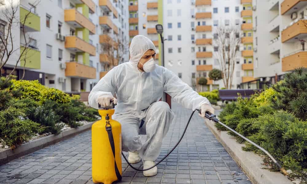Cleaning and Disinfection outside around buildings, the coronavi