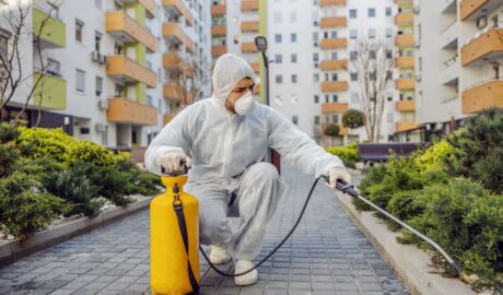 Cleaning and Disinfection outside around buildings, the coronavi